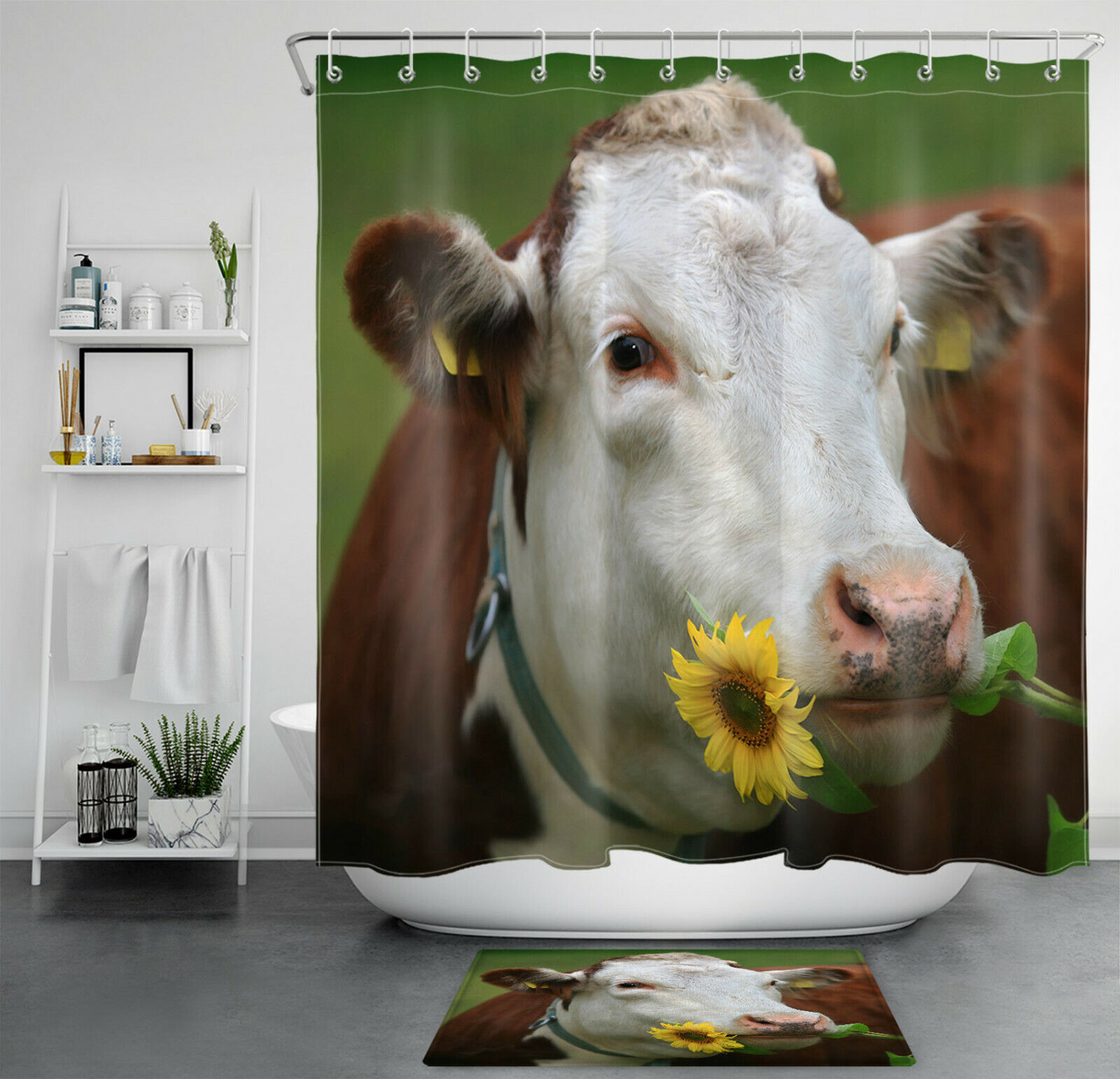 Farmhouse Cow With Sunflower Shower Curtain For A Rustic Bathroom Decor