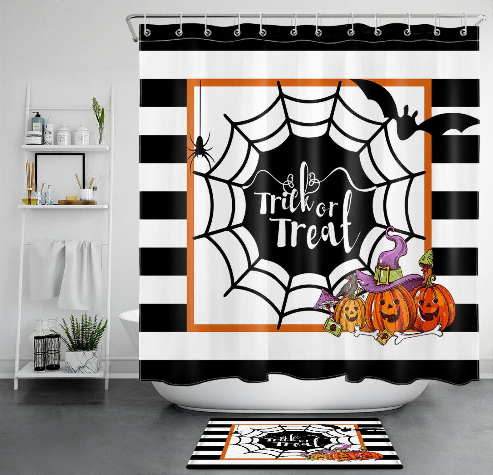 Halloween Shower Curtain With Stripes Cobweb Bat Pumpkin For A Spooky Bathroom Decor