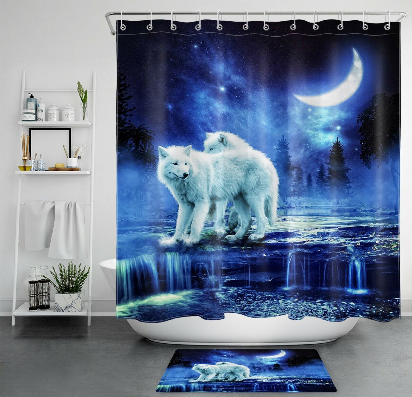 Fantasy Night Sky Moon White Wolf Shower Curtain For A Dreamy Bathroom Accessory