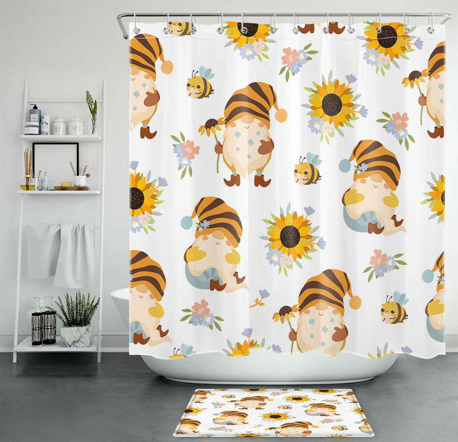 Funny Cartoon Gnome Bee Sunflower Shower Curtain For A Whimsical Bathroom Decor