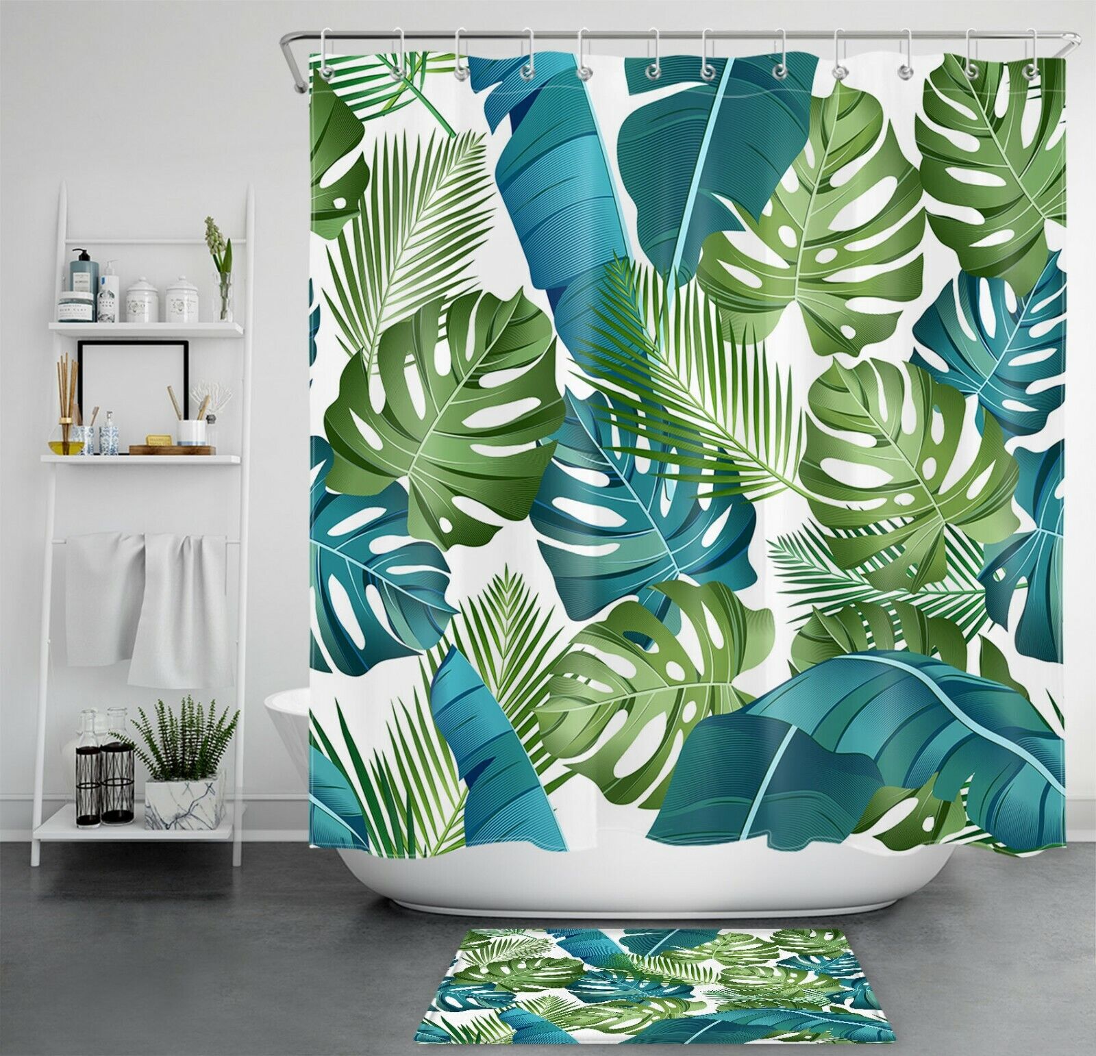 Green Leaves Shower Curtain With Tropical Plants Palm For A Jungle-Inspired Bathroom Decor