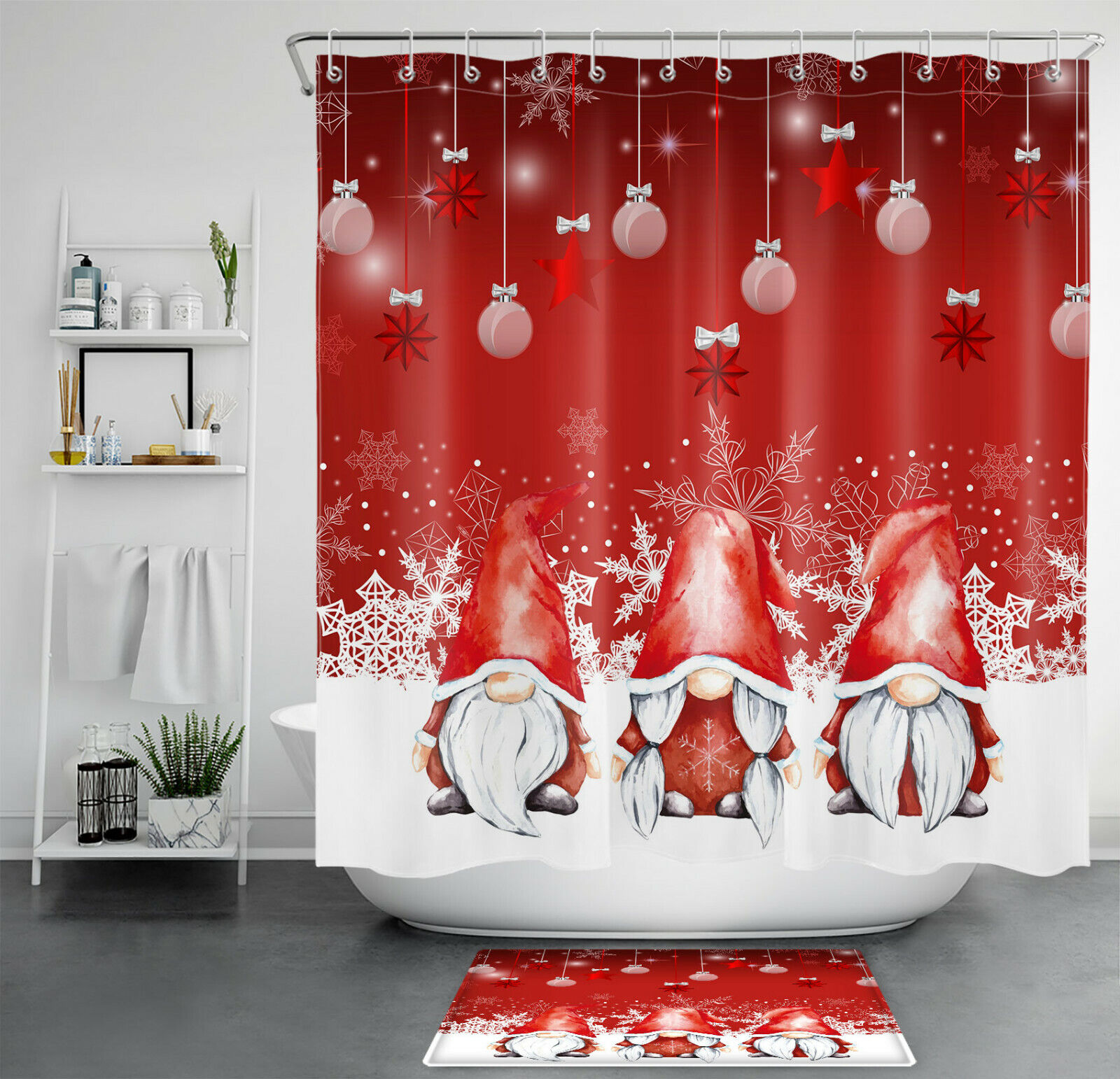 Red Gnomes Christmas Ball Snowflake Shower Curtain For A Festive And Whimsical Bathroom Decor