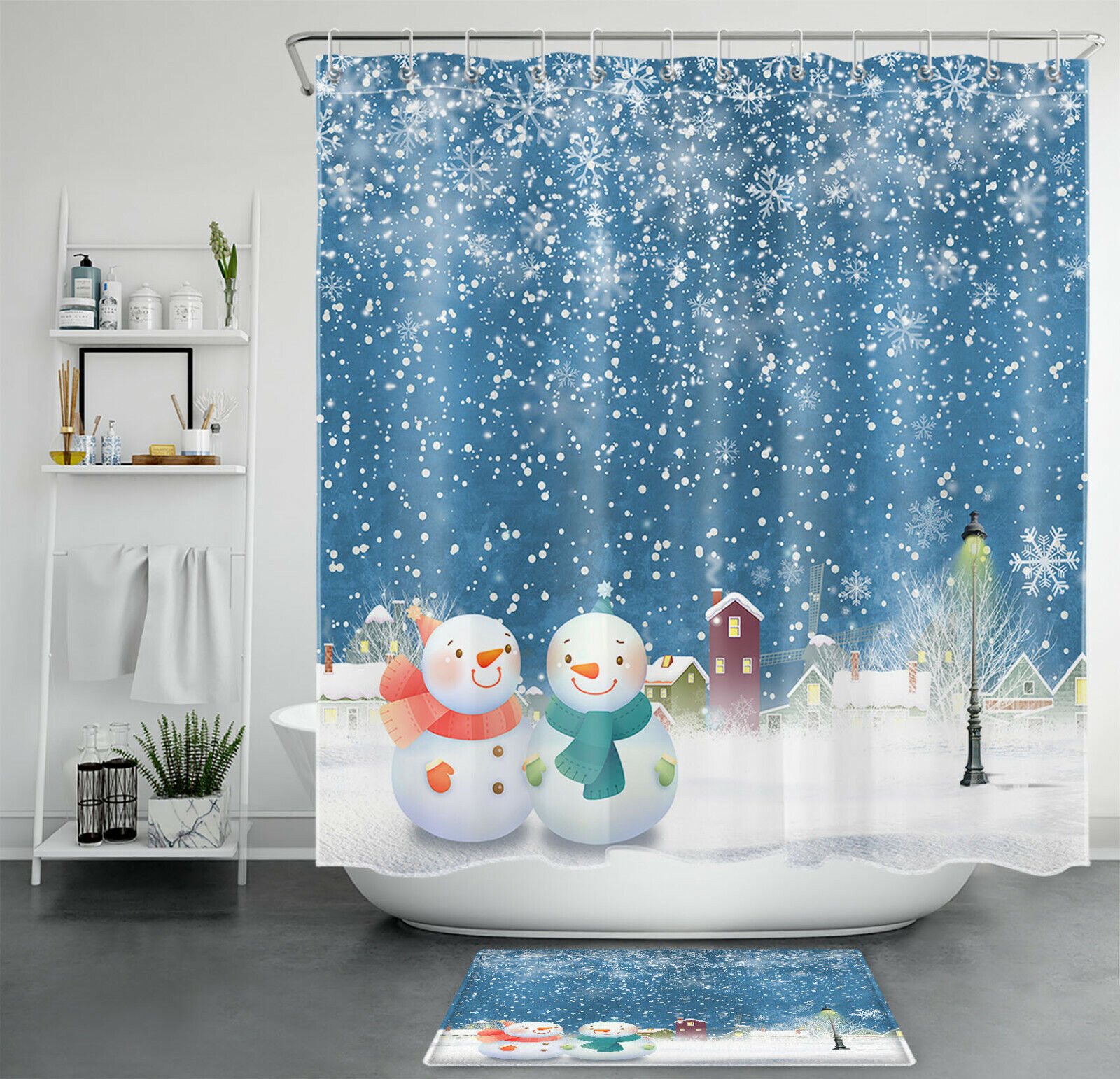 Christmas Snowman Shower Curtain With Winter Village Scene For A Festive Bathroom Decor
