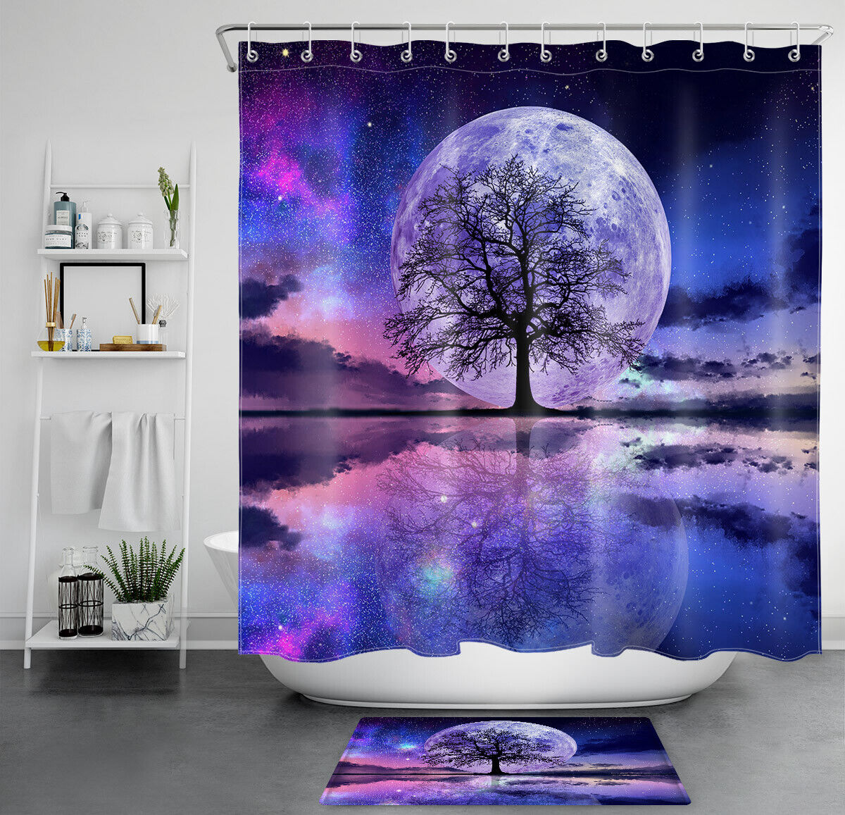 Fantasy Night Sky Shower Curtain With Moon Tree Hooks For A Dreamy Bathroom Accessory