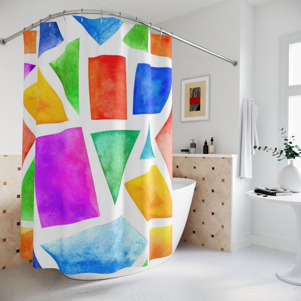 Geometric Watercolor Print Shower Curtain For Modern Bathroom Decor
