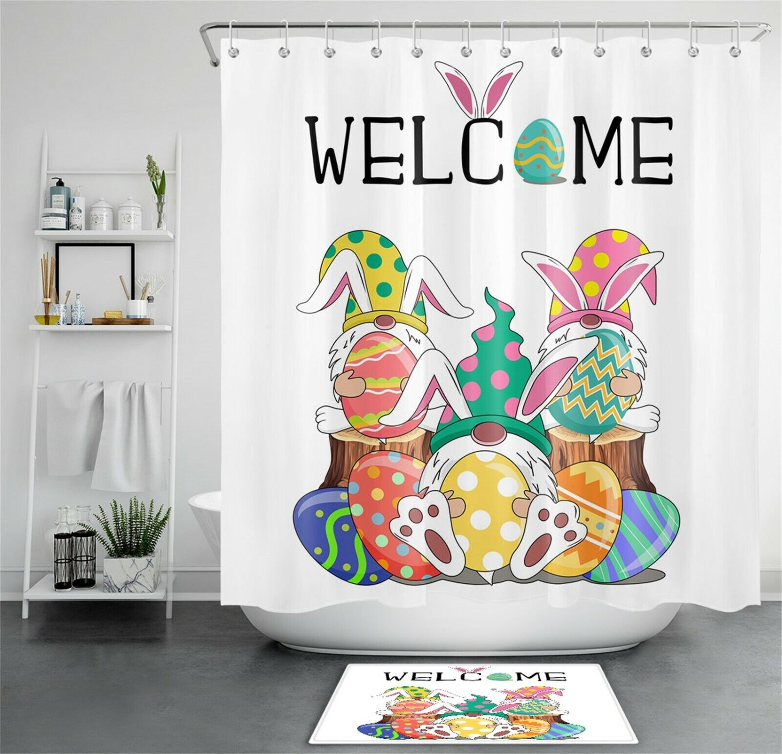 Cute Bunny Gnome Eggs Easter Shower Curtain For A Fun And Festive Bathroom Decor