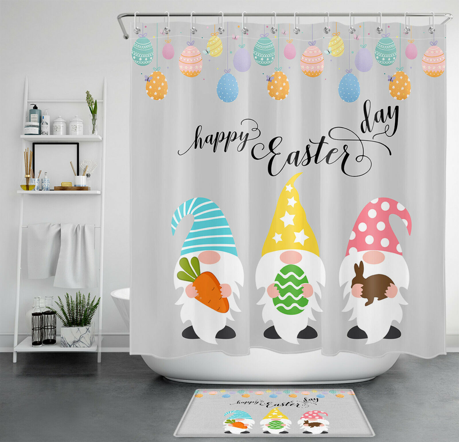 Dwarf Elves Easter Colorful Eggs Shower Curtain For A Fun And Festive Bathroom Accessory