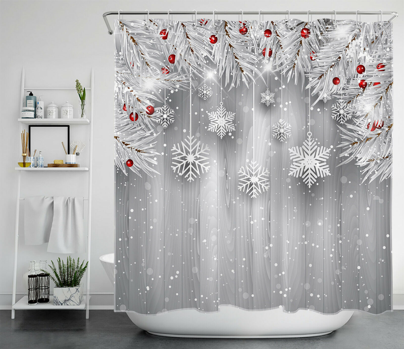 Christmas Snowflake Red Berries Shower Curtain For A Festive Bathroom Decor