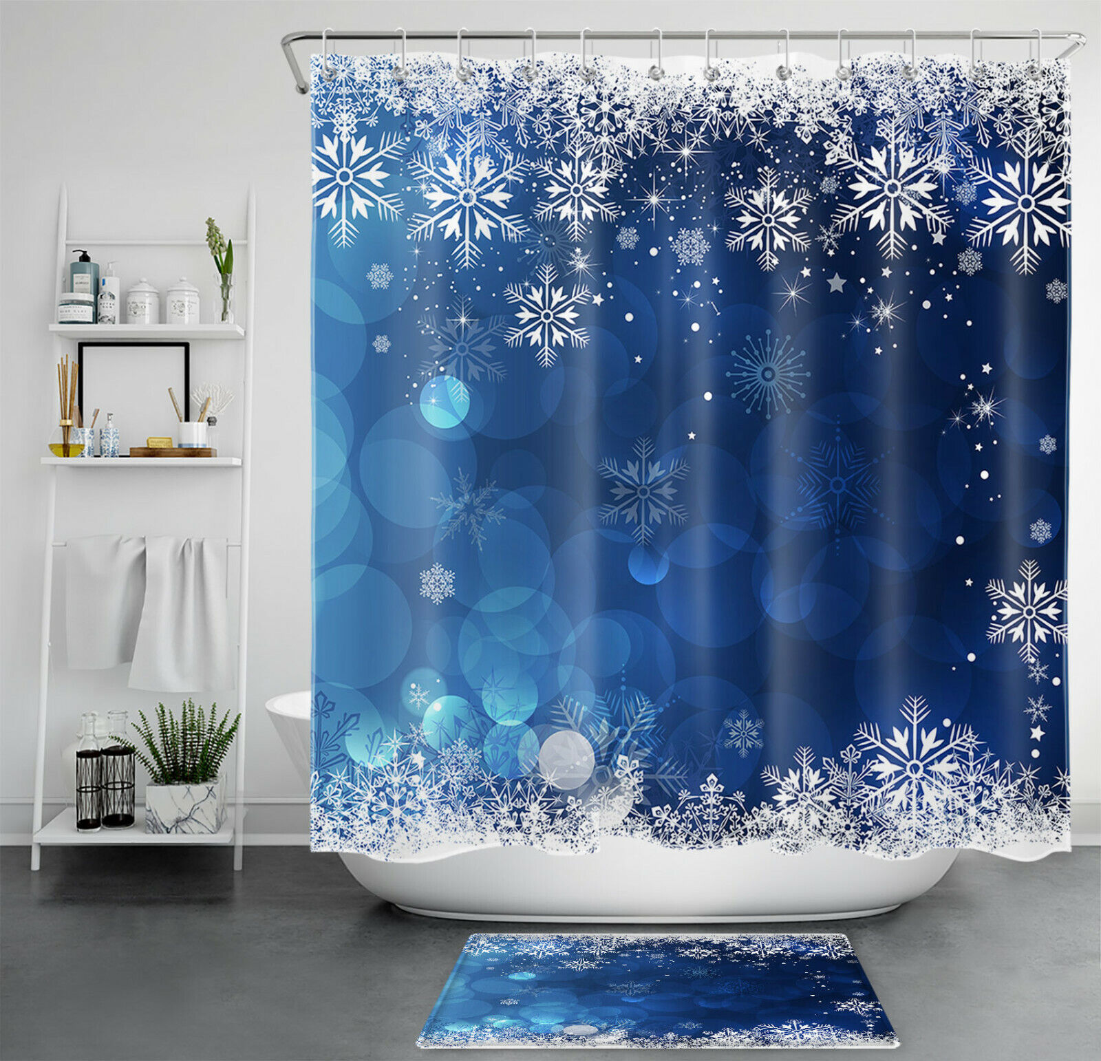Christmas Snowflake Shower Curtain With Blue Dream Halo For A Dreamy Bathroom Accessory