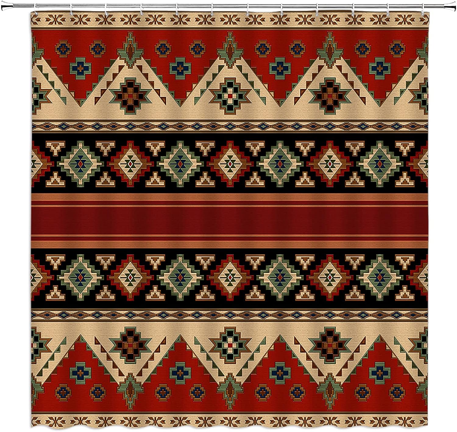 Retro Aztec Shower Curtain With Vintage Red Brown Black Tan Ethnic Navajo Southwestern Tribal Abstract Geometric Pattern