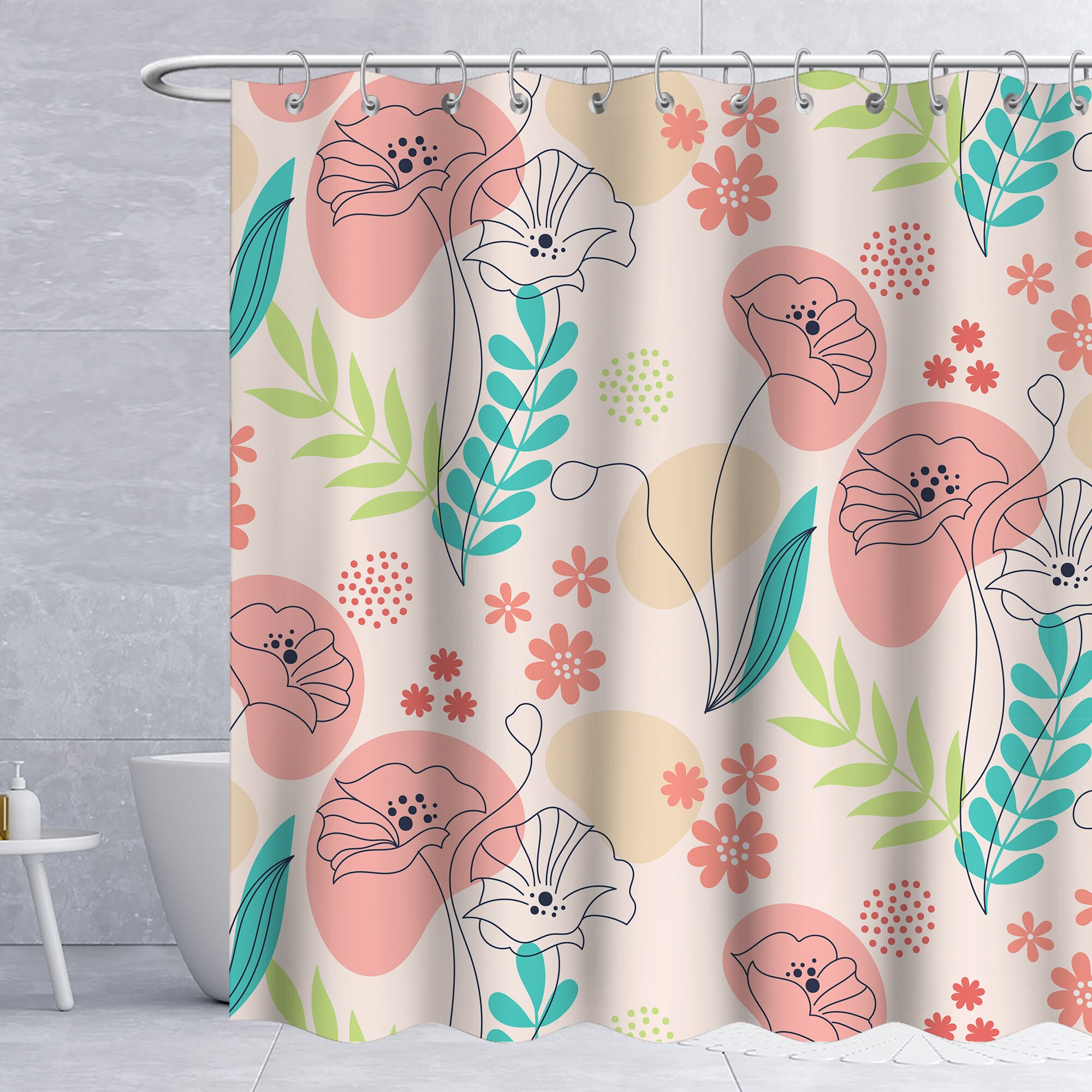 Colorful Botanical Flower Shower Curtain For Aesthetic Bathroom Decor