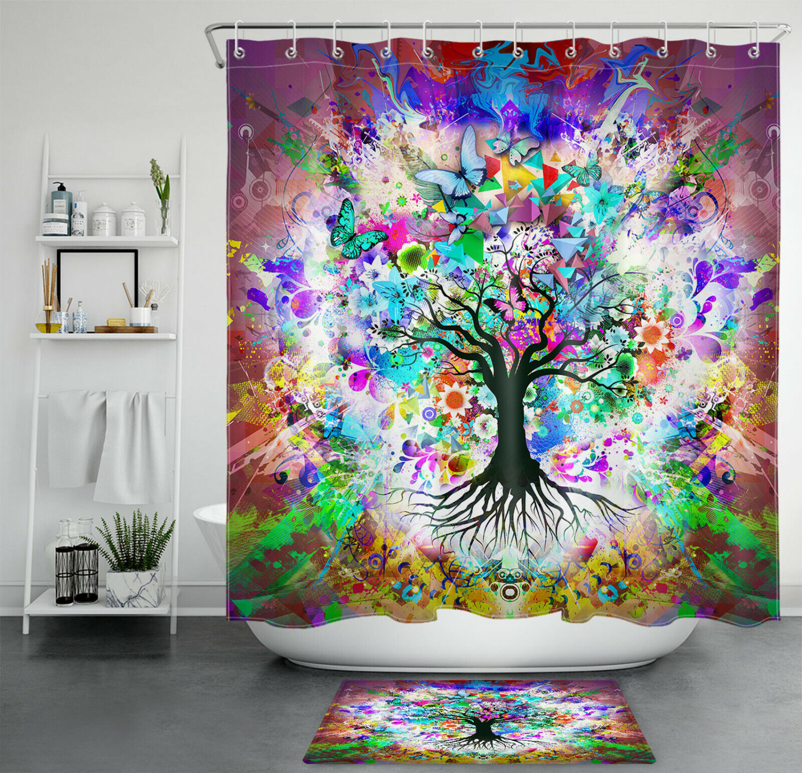 Butterfly Watercolor Tree Of Life Shower Curtain With Beautiful Abstract Design Perfect For Bathroom Decor