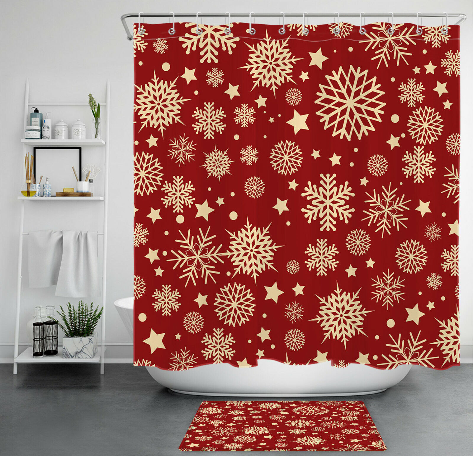 Christmas Snowflakes Shower Curtain In Red Background For A Festive Bathroom Accessory