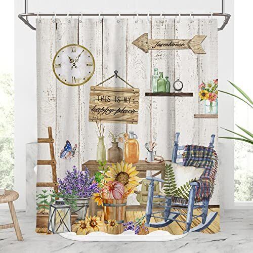 Farmhouse-Style Country Shower Curtain With Rustic Lavender Design Perfect For Vintage Bathroom Decor