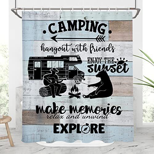 Camper Shower Curtain With Bonfire And Happy Campfire Design Perfect For Travel Trailer Bathroom Decoration