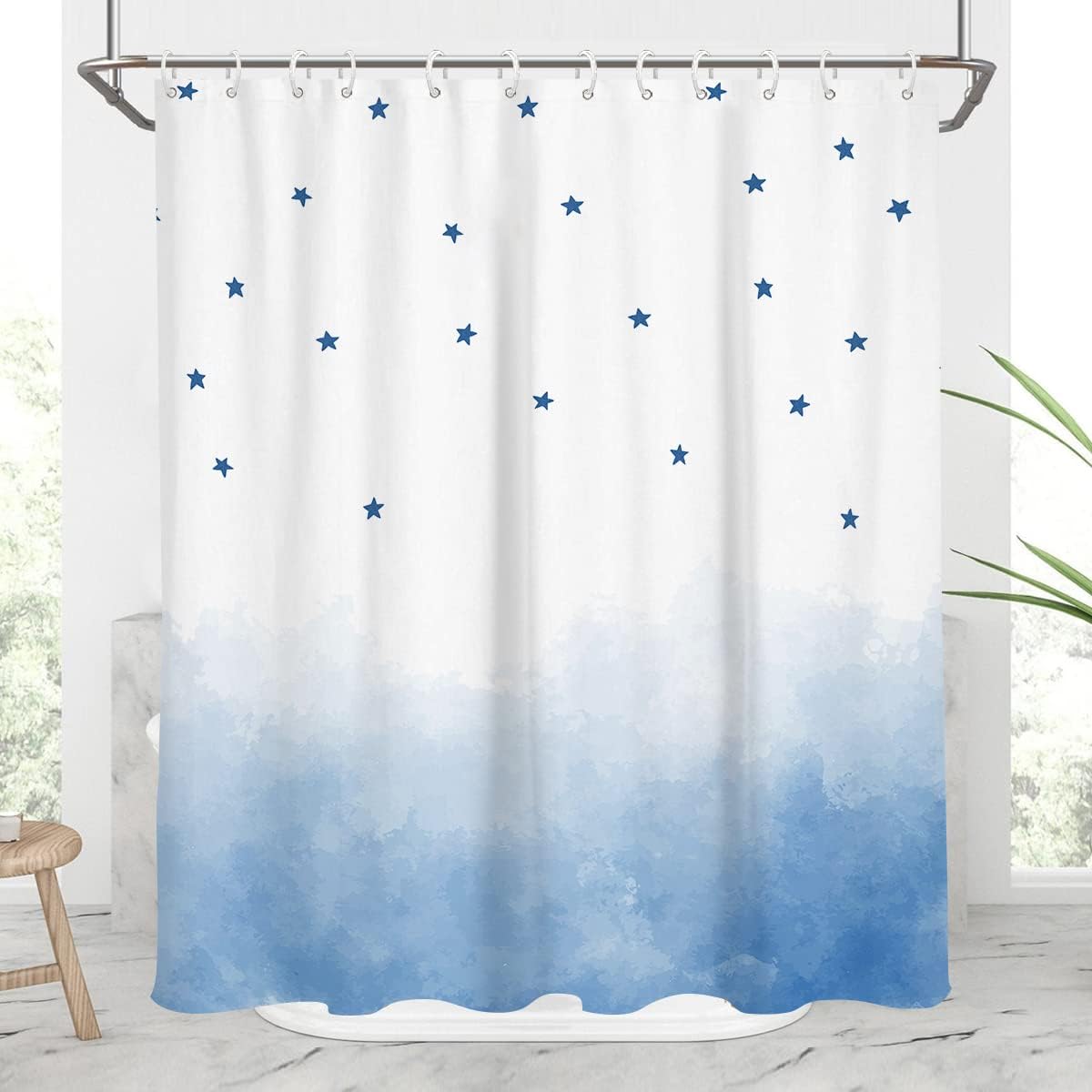 Minimalist Ombre Shower Curtain With Watercolor Stars Pattern Perfect For Kids Cute Home Bathroom Decoration