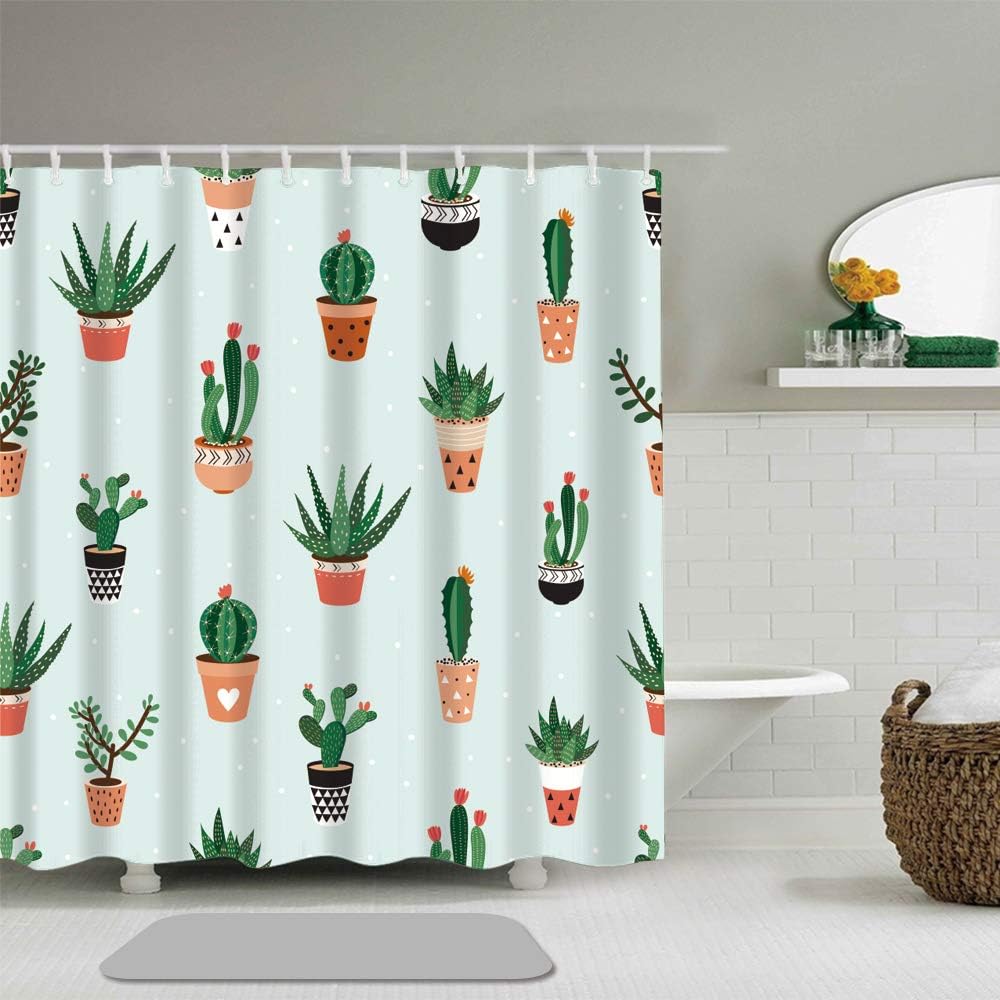 Green Cactus And Succulents Shower Curtain Pot Botanical Bathroom Decor Waterproof Fabric Set For Your Home