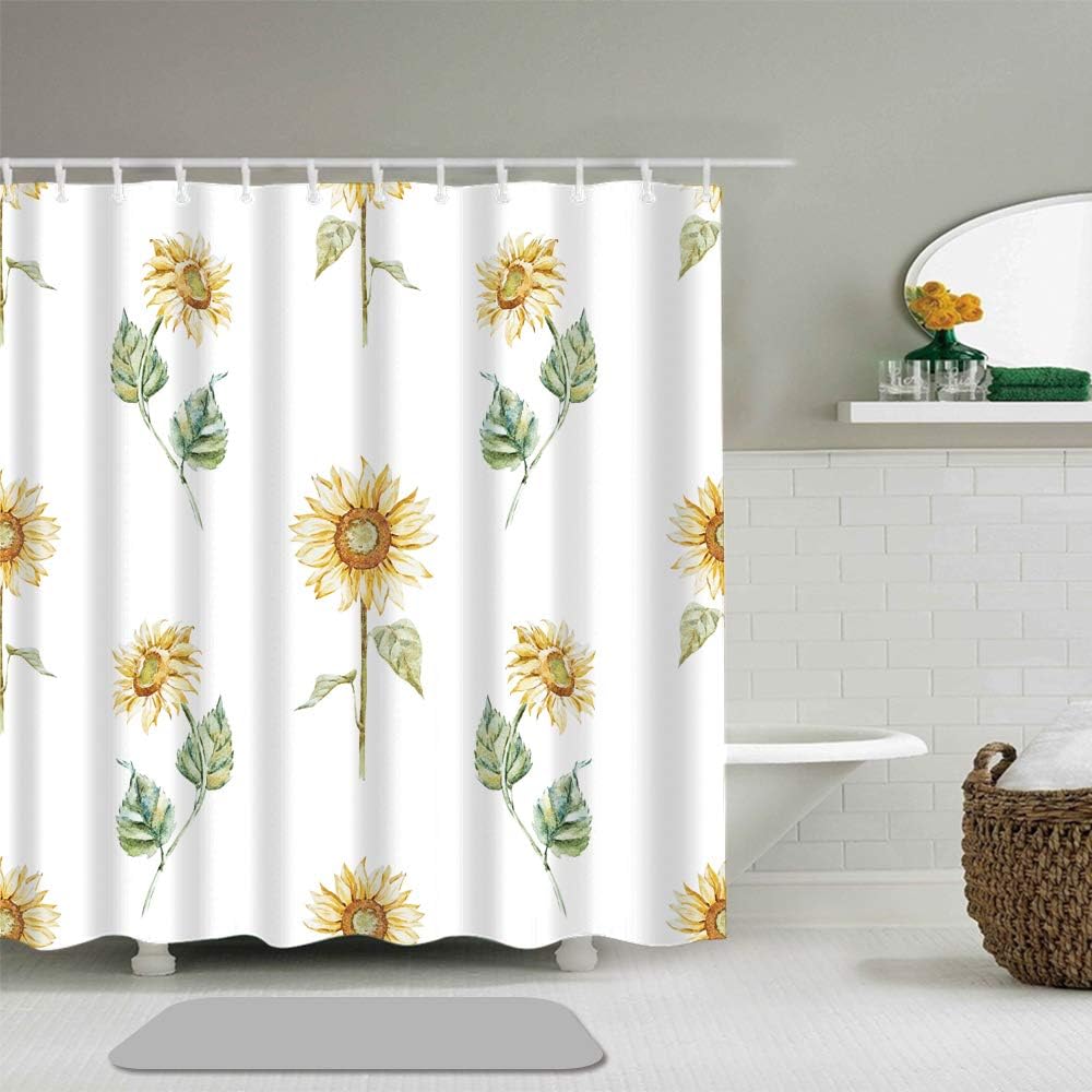 Hand Painted Sunflower Background Shower Curtain With Waterproof Fabric Set Perfect For Bathroom Accessories
