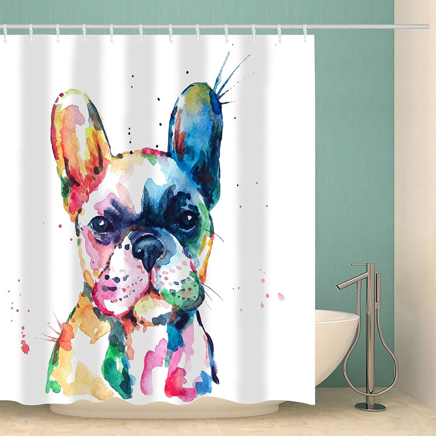 French Bulldog Shower Curtain With Original Watercolor Rainbow Design Perfect For Bathroom Decor