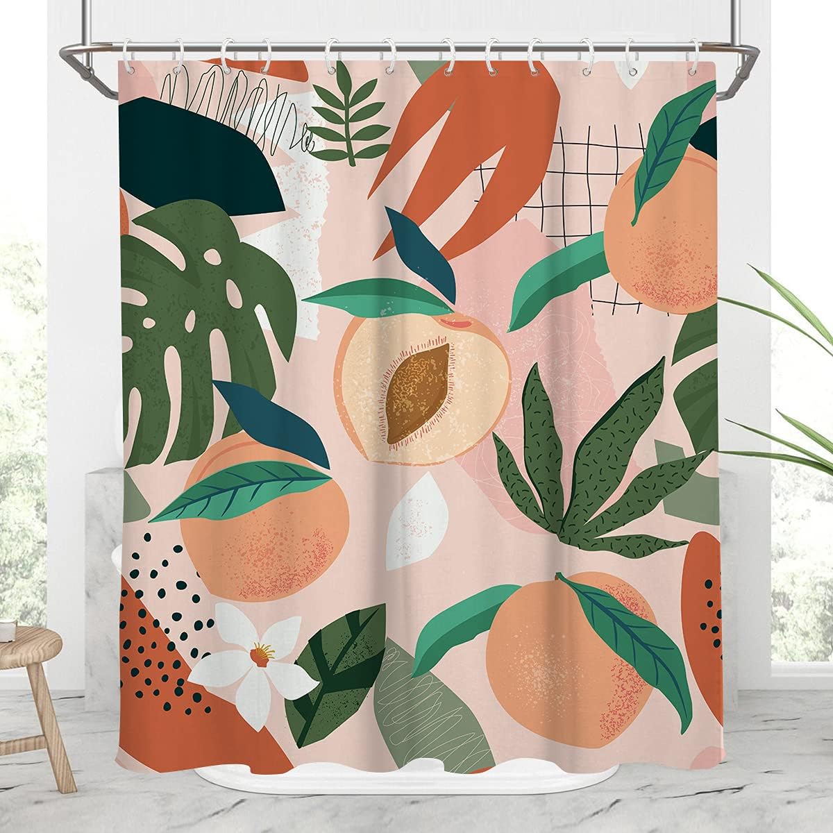 Pink Peach Shower Curtain With Fruit Plant Botanical Design Perfect For Tropical Bathroom Decor