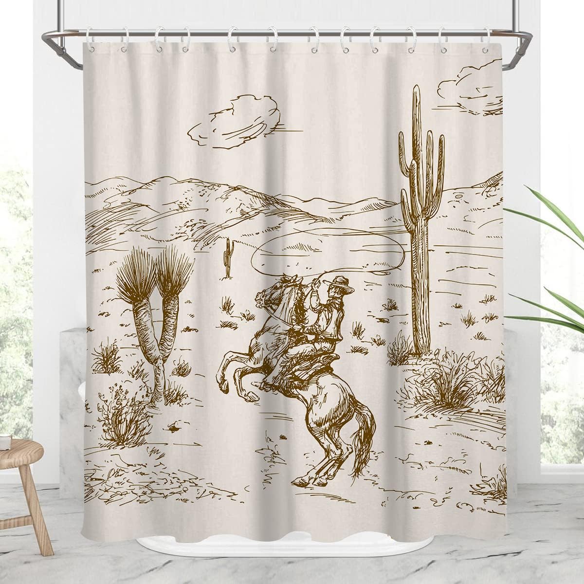 Cowgirl And Cowboy Shower Curtain With Vintage Retro Wild West Earthy Country Theme Perfect For American Mountain Bathroom Decoration