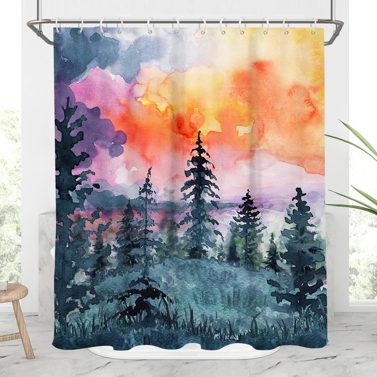 Rv Camper Size Shower Curtain With Watercolor Forest Camping Design Perfect For Woodland Landscape Bathroom Decoration