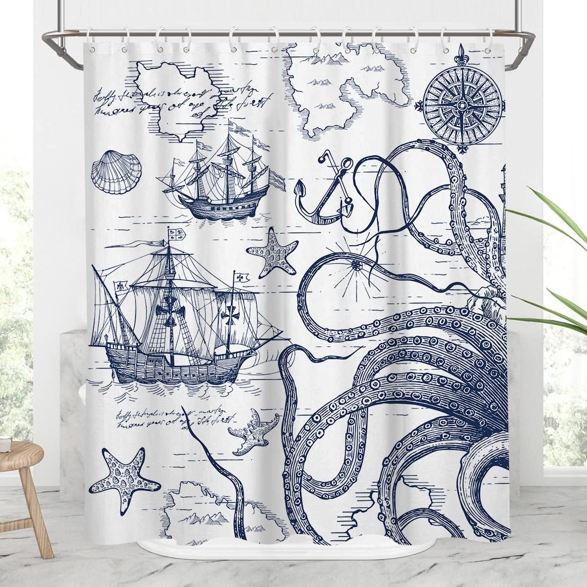 Nautical Octopus Shower Curtain With Funny Fun Kraken Anchor Ocean Design Perfect For Boys Bathroom Decoration