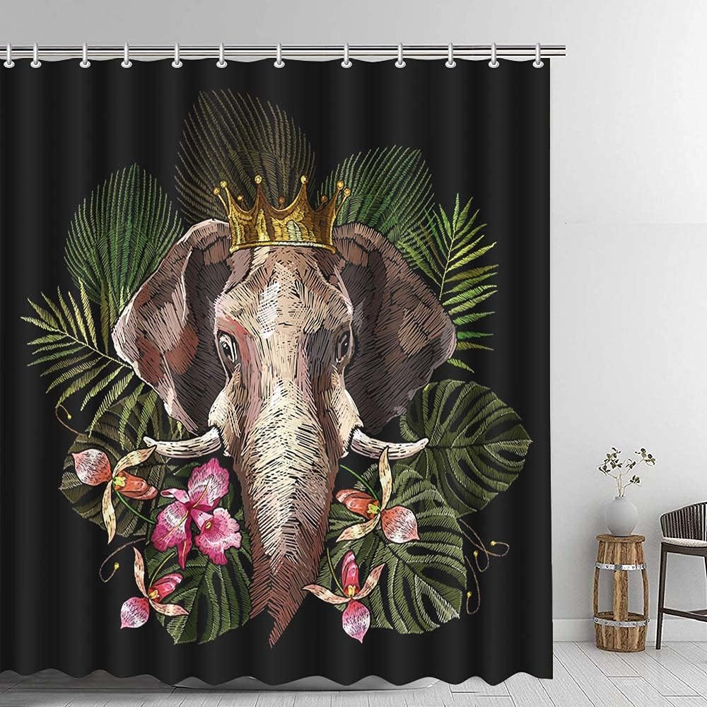 Elephant Shower Curtain With Tropical Palm Leaves Flowers Crown Black Background Waterproof Fabric Perfect For Bathroom