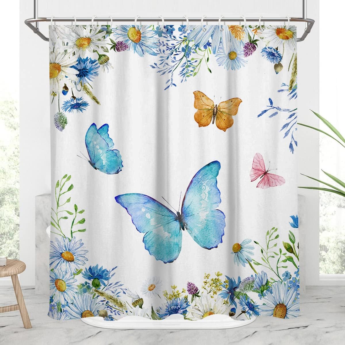 Butterfly Shower Curtain With Watercolor Floral Monarch Perfect For Spring Bathroom Decor