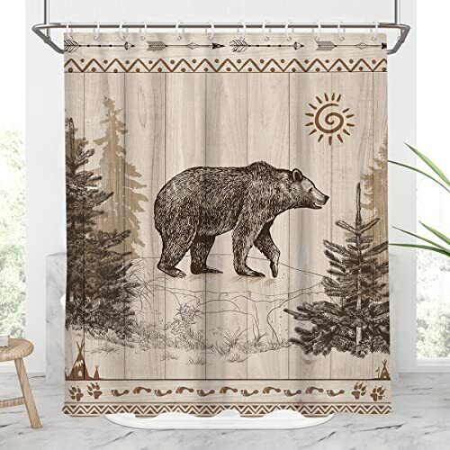 Rustic Bear Shower Curtain With Forest Wild Scenery, Perfect For Cabin Style Bathroom Decor