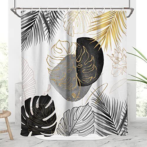 Boho Tropical Leaves Shower Curtain With Black And Gold Leaf Design, Perfect For Bathroom Decor
