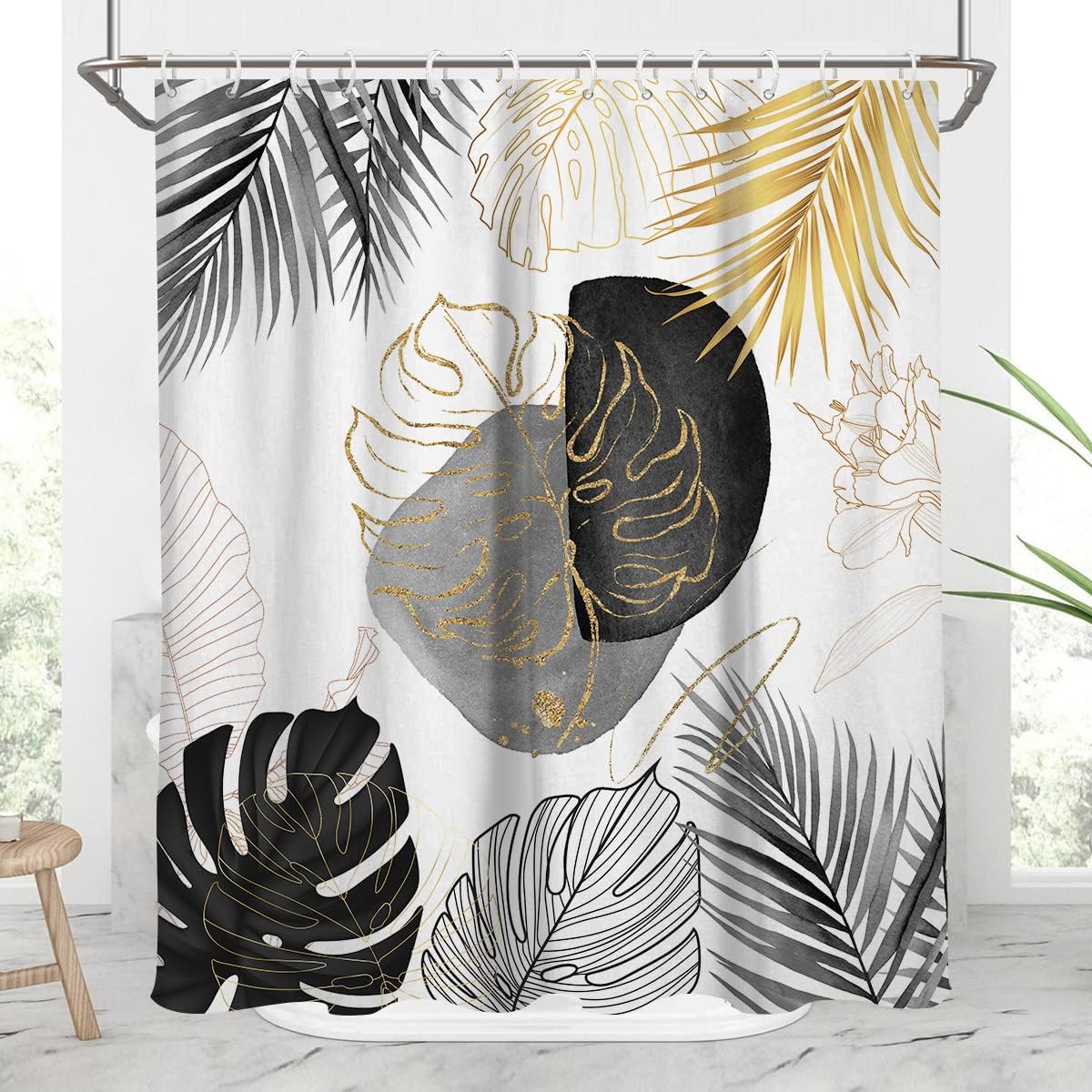 Boho Tropical Leaves Shower Curtain With Black And Gold Abstract Gray Silver Floral Art Design Elegant Home Bathroom Decoration