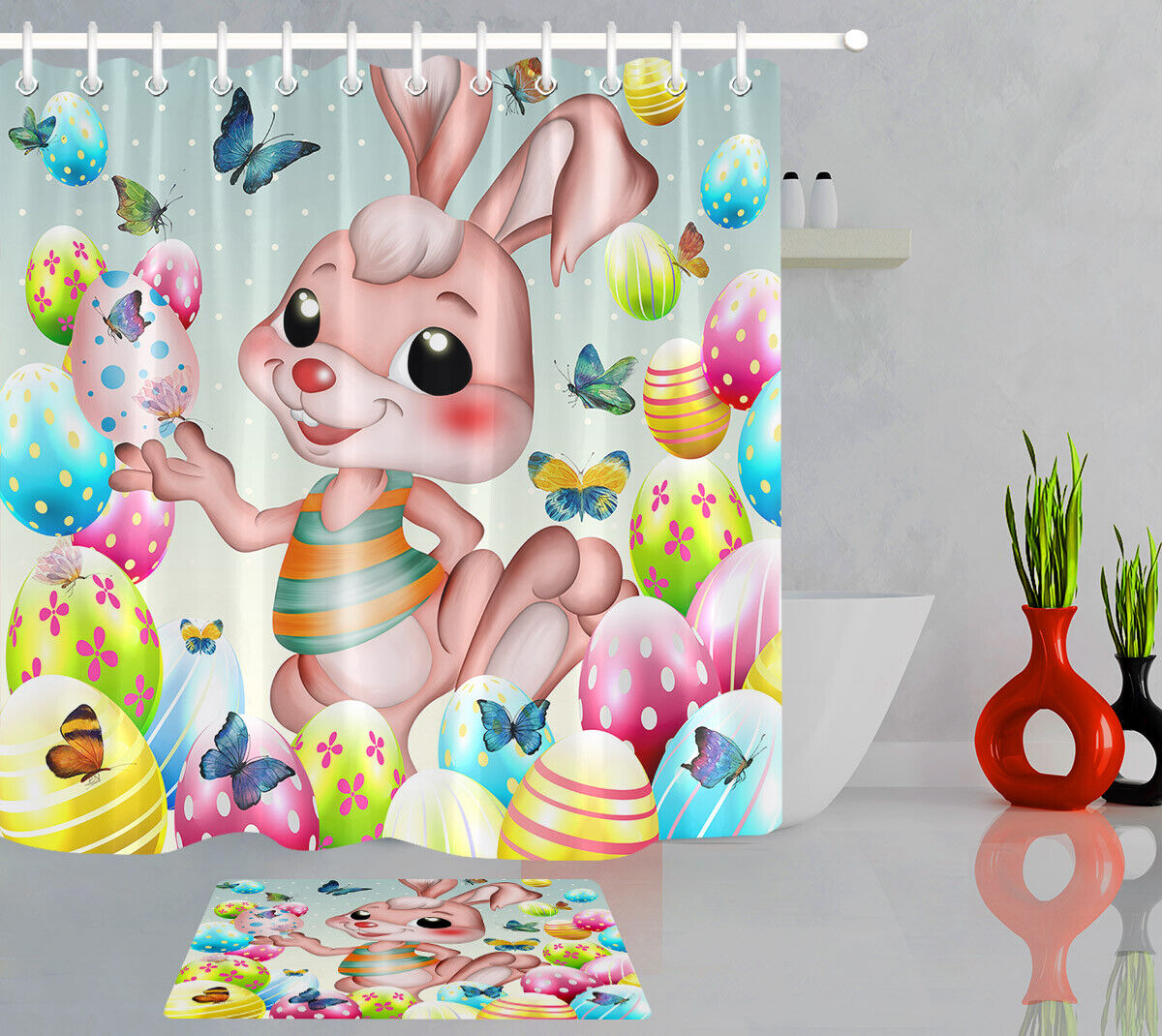 Easter Bunny Shower Curtain Spring Bathroom Decor