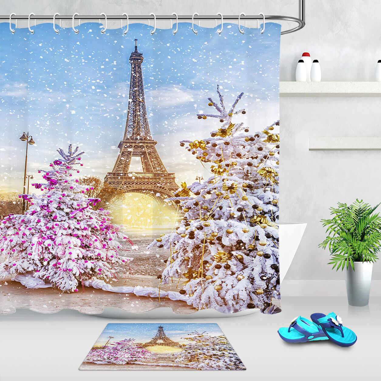 Paris Eiffel Tower Snow Globe Shower Curtain Holiday Home Decor
