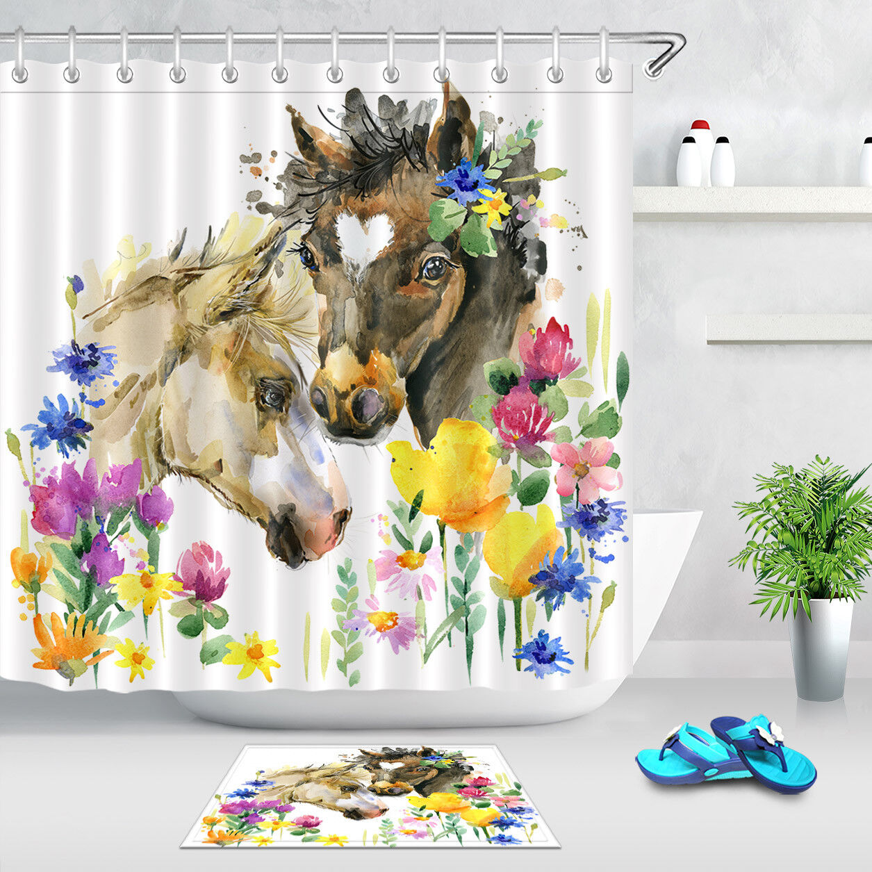 Farm Animal Watercolor Shower Curtain Cute Foal Little Horse Fabric Bathroom Decor