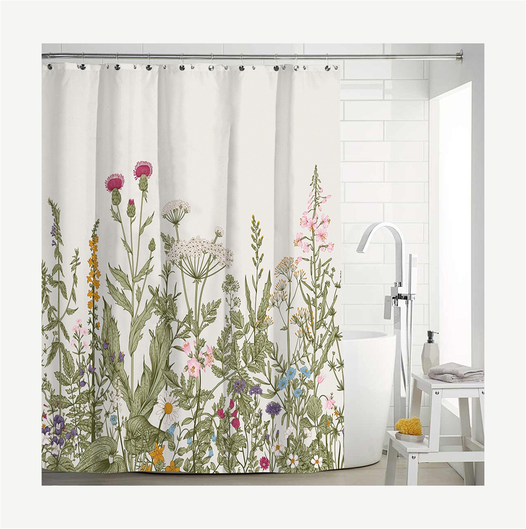 Botanical Floral Flower Herb Plant Shower Curtain Modern Fabric Bathroom Decor