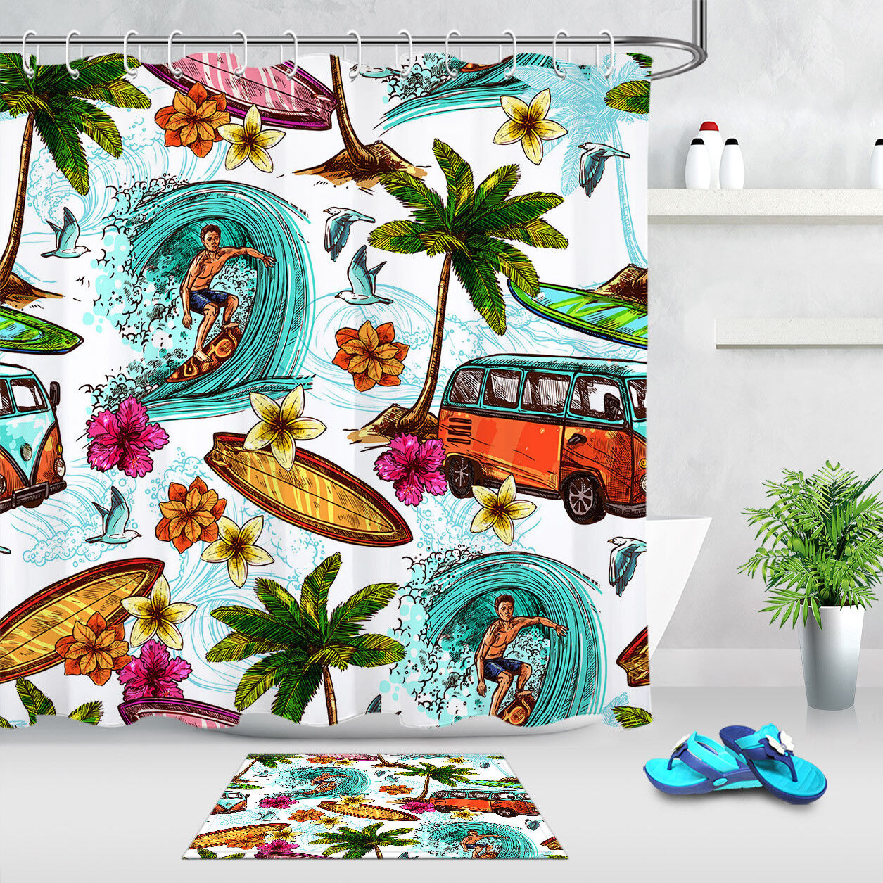 Hand Drawn Palm Trees Shower Curtain Waterproof Fabric Tropical Bathroom Decor