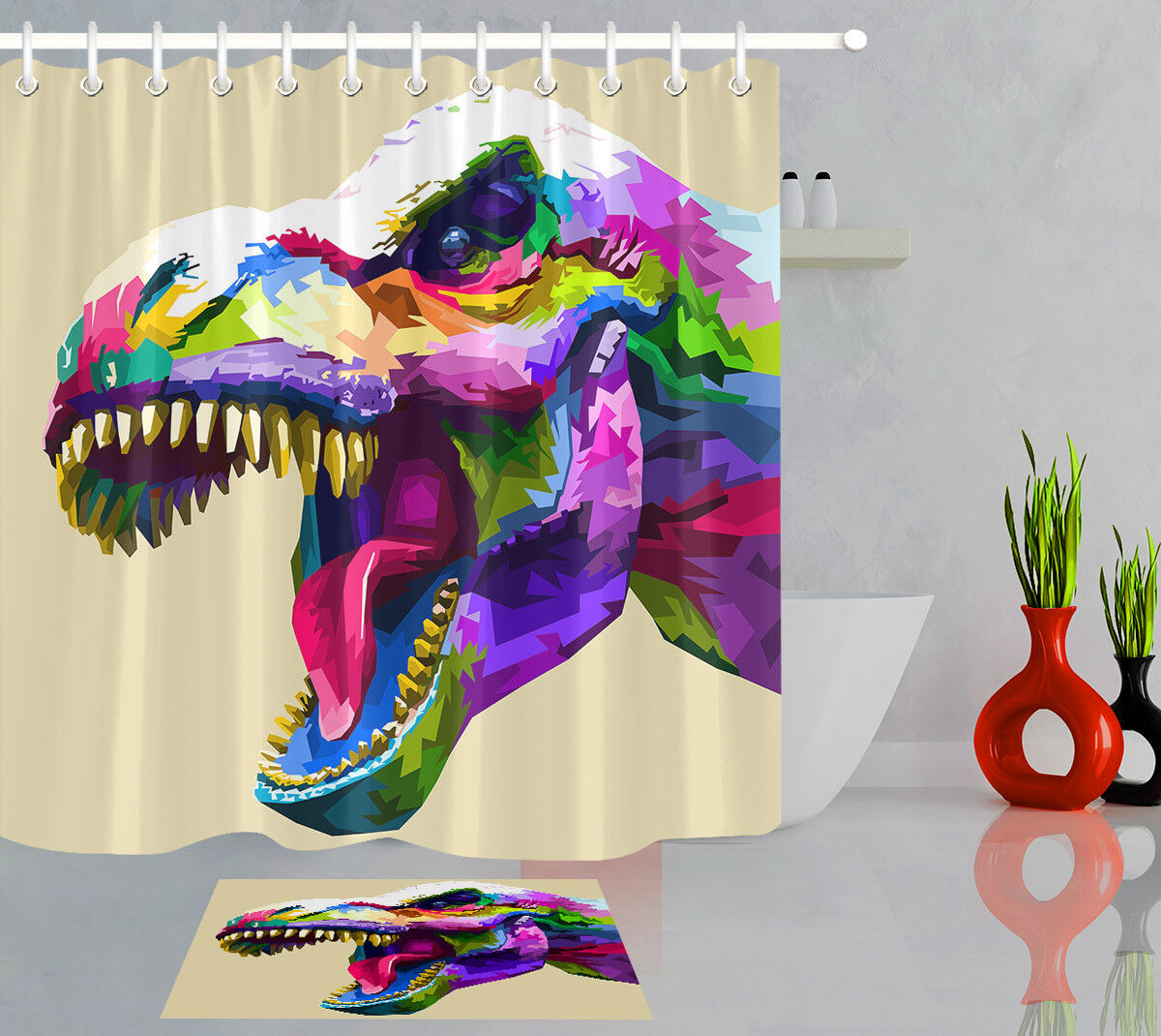 Dinosaur Head Pattern Shower Curtain Colorful Bathroom Decor