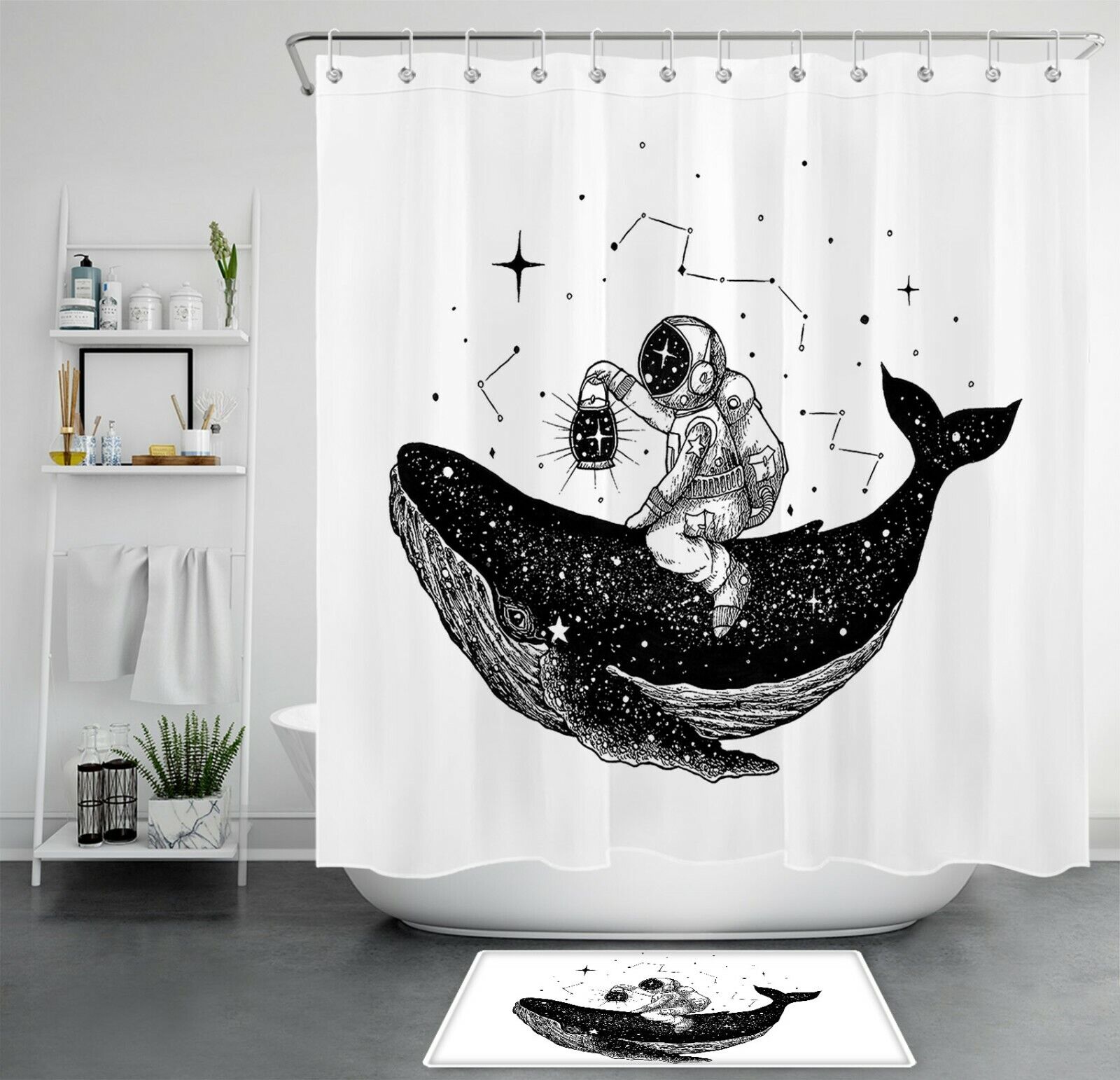 Fantasy Whale Astronaut Shower Curtain In Black And White For A Unique Bathroom Accessory