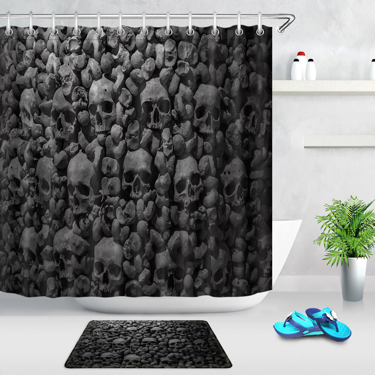 Horror Skull Wall Shower Curtain Halloween Bathroom Decor