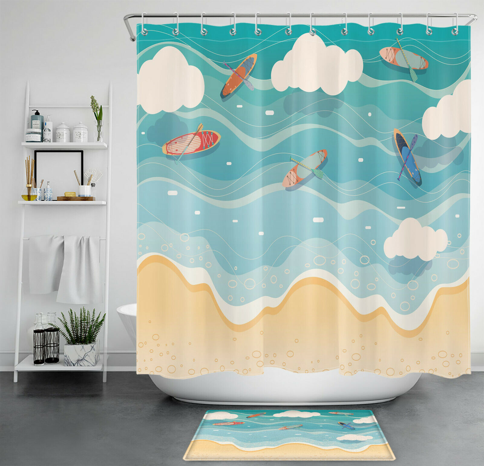 Cartoon Tropical Beach Ocean Shower Curtain For A Fun And Sunny Bathroom Decor