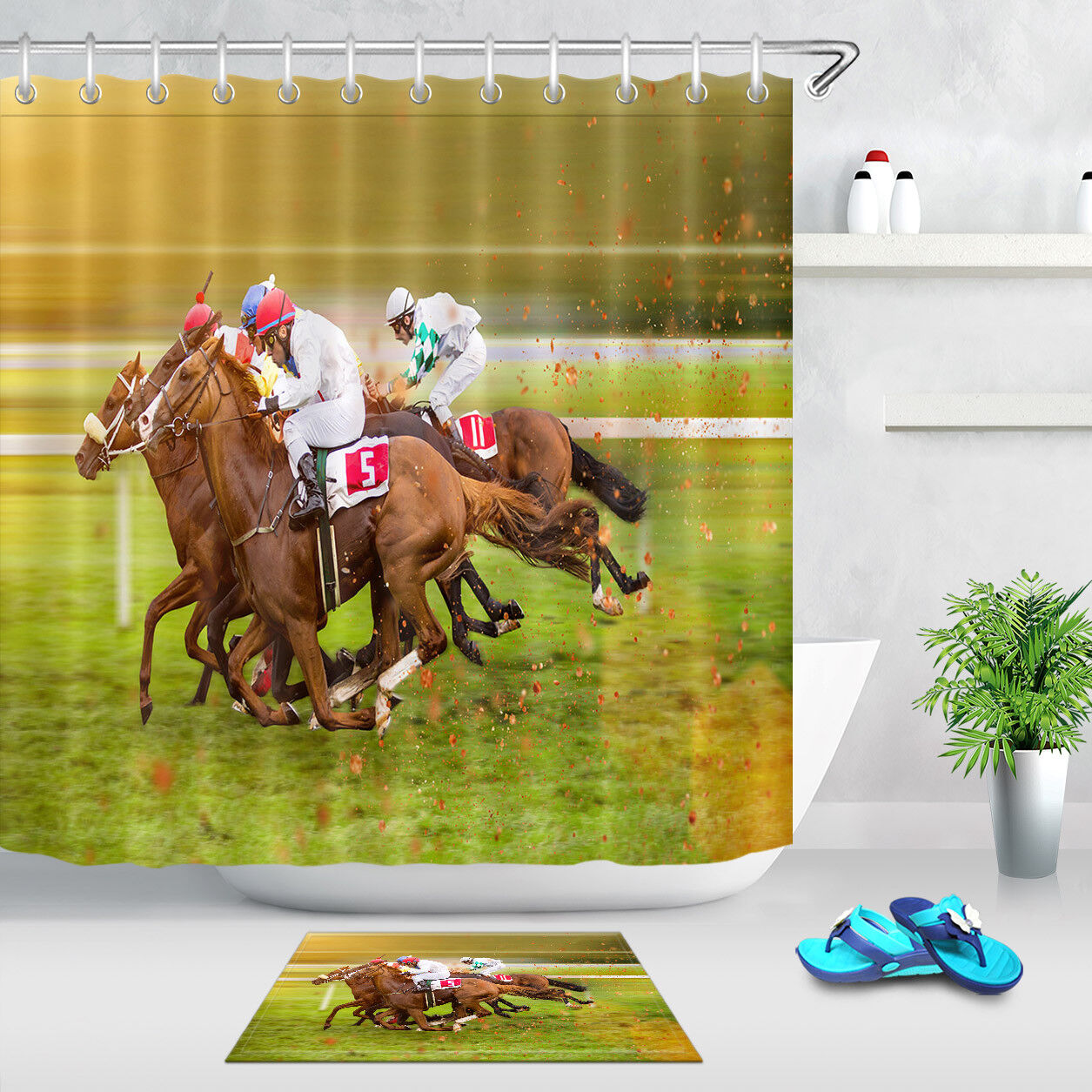 Horse Racing Shower Curtain Waterproof Fabric Bathroom Hooks