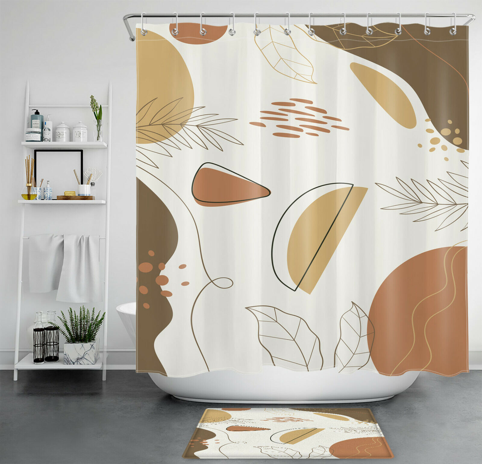Minimalist Geometric Shower Curtain With Abstract Leaves For A Chic Bathroom Accessory