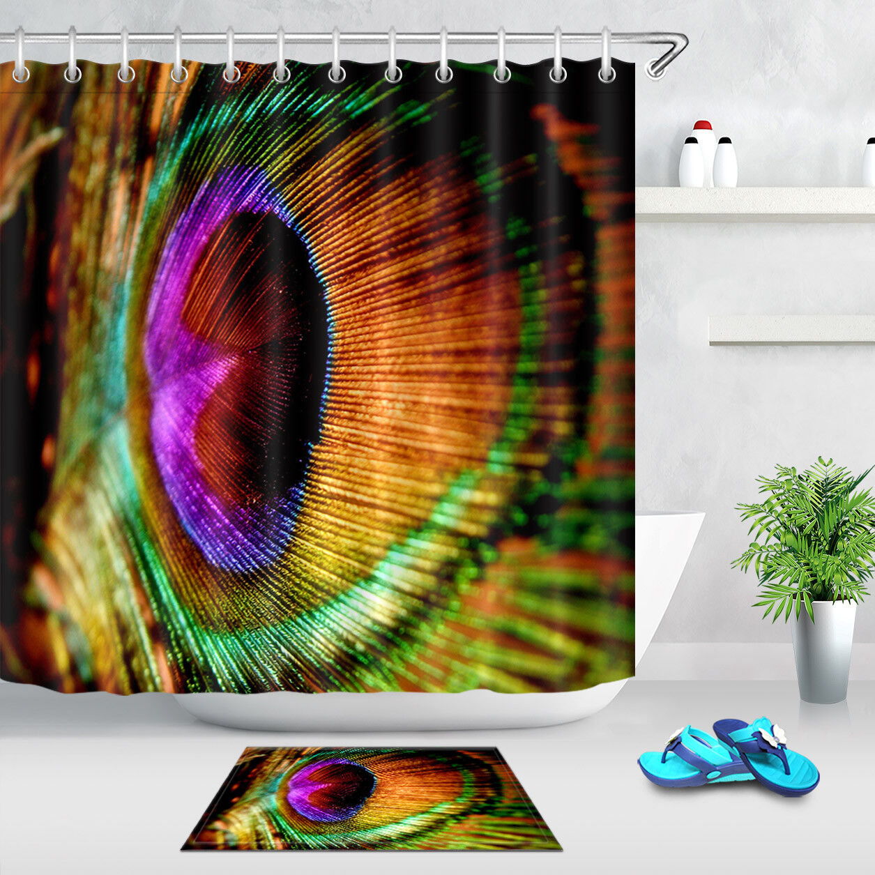 Peacock Feather Shower Curtain Colorful Bathroom Hooks