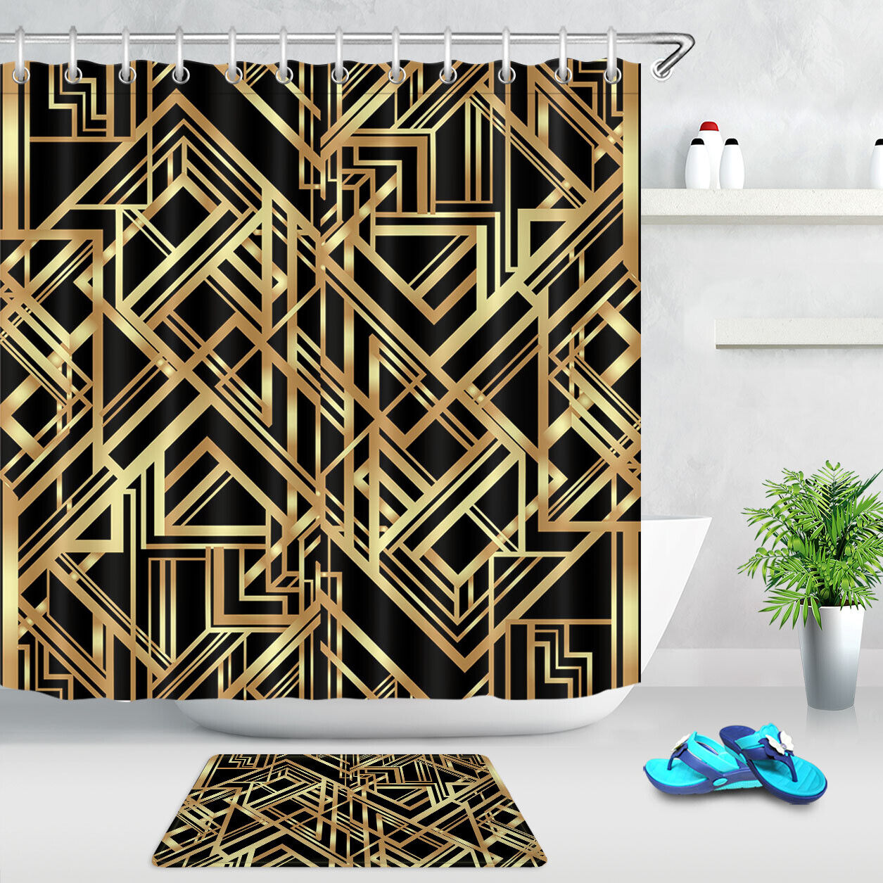 Gold Geometric Pattern Shower Curtain Black Background Bathroom Decor