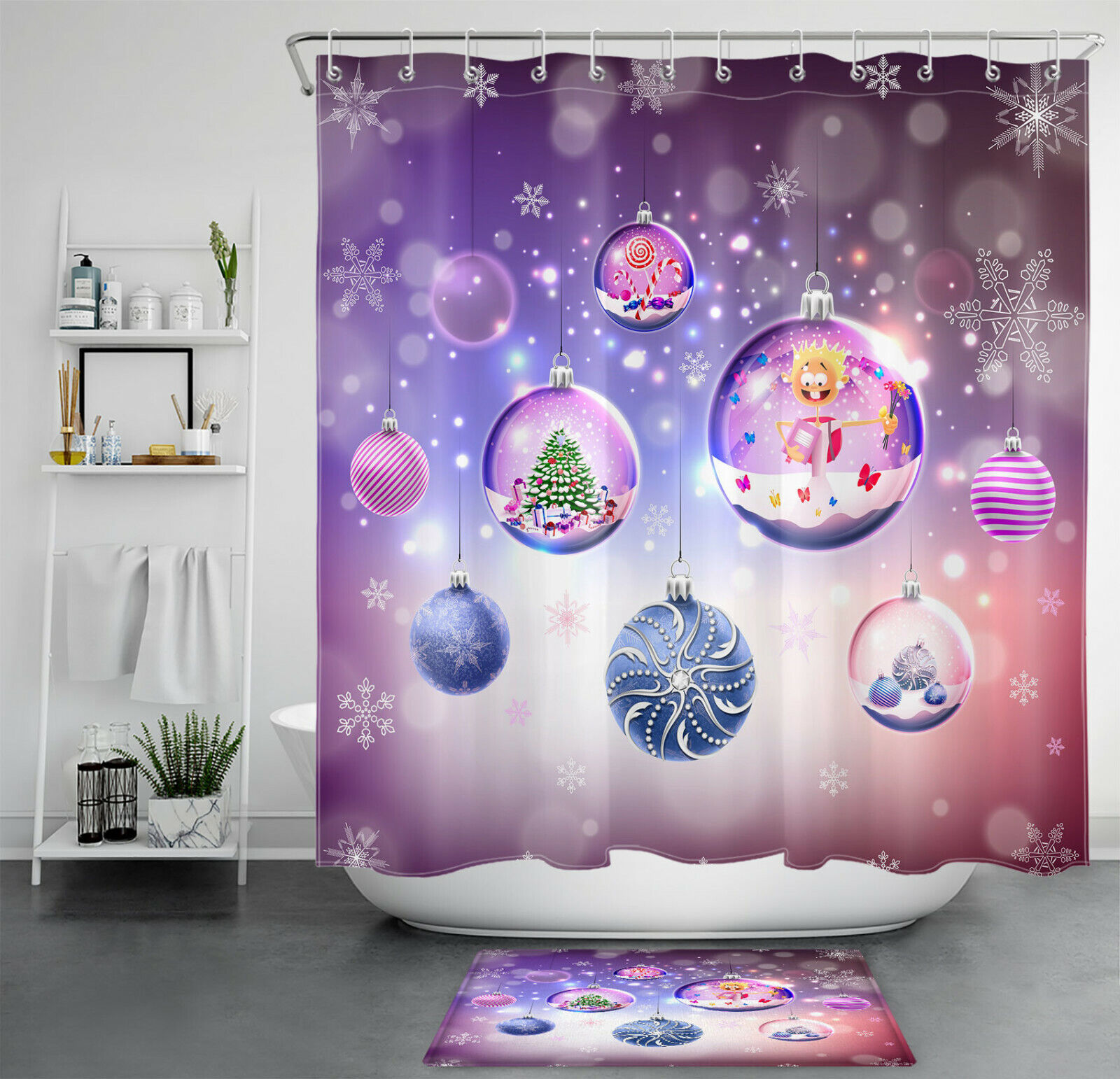Christmas Ball Shower Curtain With Dreamy Purple Winter Snowflakes For A Festive Bathroom Accessory