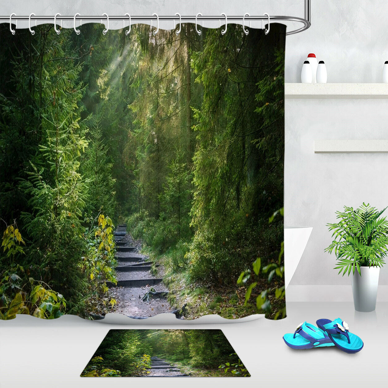 Green Rain Forest Trees Shower Curtain Waterproof Fabric Bathroom Decor