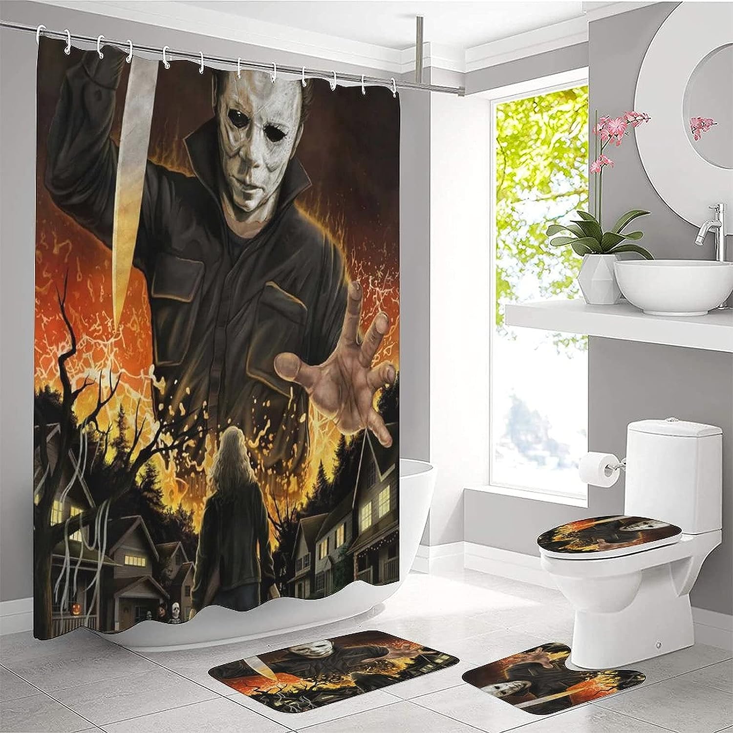 Halloween Absorbent Shower Curtain Set For Spooky Bathroom Decor