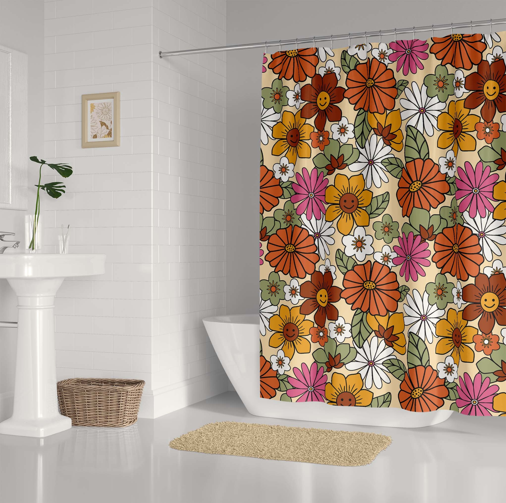 Colorful Retro Flowers Shower Curtain For A Vintage Hippie Bathroom Decor
