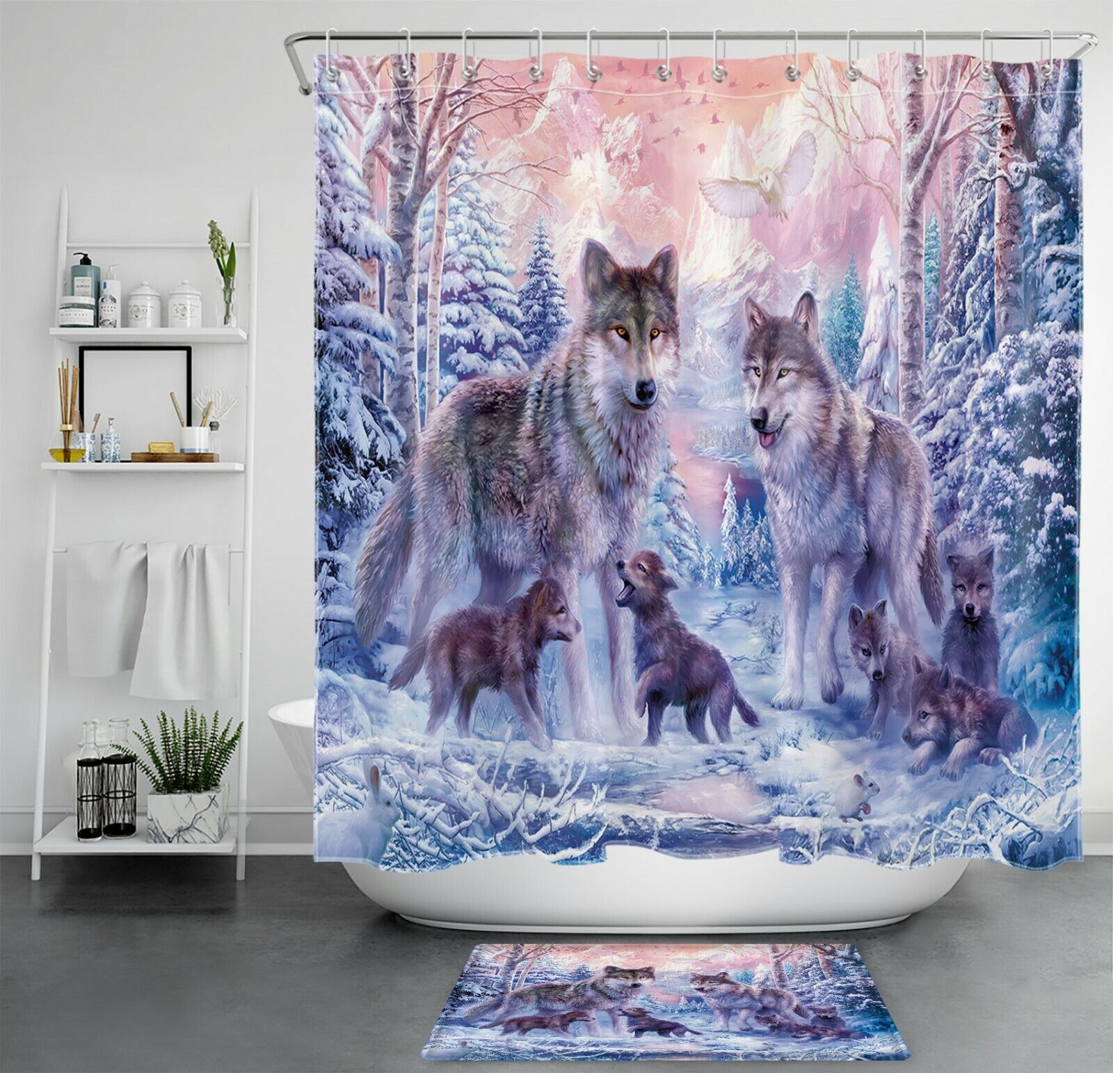 Snow Forest Wolf Shower Curtain For A Winter Wonderland Bathroom Decor